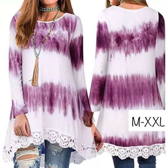 Purple and White Tie Dye Lace Hem Tunic - Picture 2 of 8
